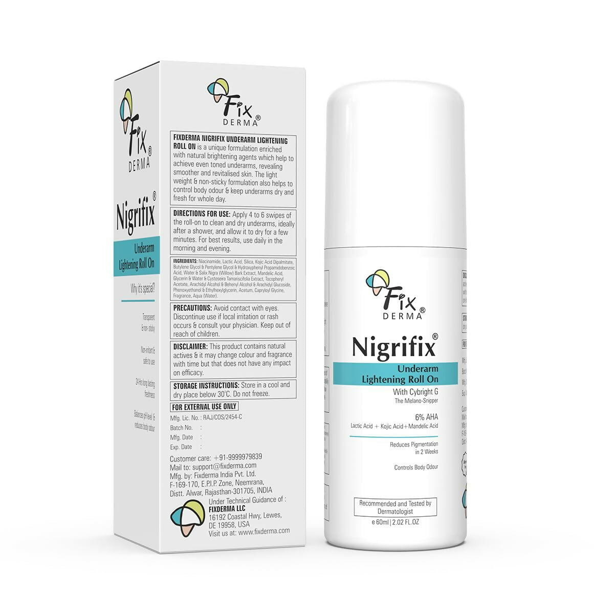 Fixderma Nigrifix Underarm Lightening Roll on with 6% AHA, Lactic Acid & 1% Mandelic Acid, Brightens Skin & Exfoliates Underarm