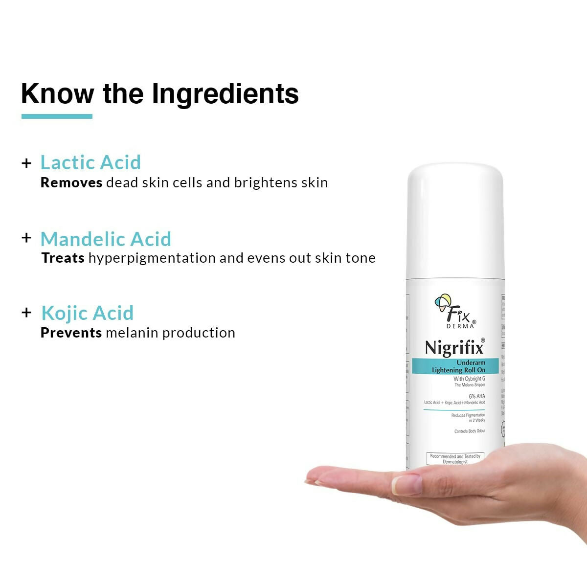 Fixderma Nigrifix Underarm Lightening Roll on with 6% AHA, Lactic Acid & 1% Mandelic Acid, Brightens Skin & Exfoliates Underarm